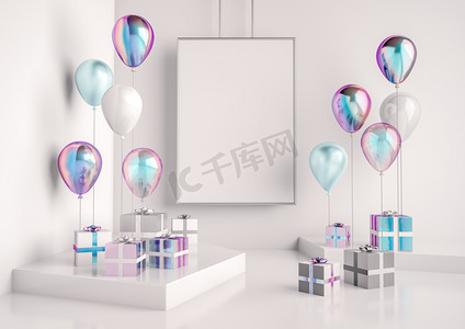 内部模拟的场景与全息和彩虹礼品盒和气球。逼真的3d 对象为生日聚会或促销海报或横幅。海报尺寸设计元素的空白空间.