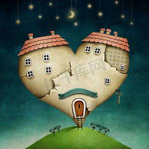插图或海报与房子在心的形状.