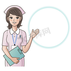 年轻漂亮的护士提供信息、 指导。卡通护士。医院