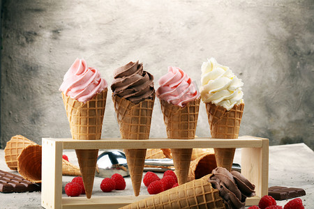 香草冻酸奶或软冰淇淋在华夫饼锥.