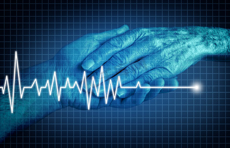 安乐死末期病人生命概念的终结作为医疗干预结束痛苦和痛苦作为健康医疗标志作为一个老人的手与心电图或心电图心跳在显示器图在3d 例证样式.