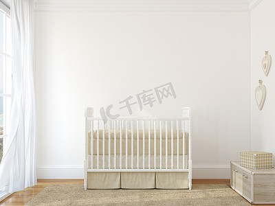 空卧室摄影照片_内部的育儿室，老式的婴儿床