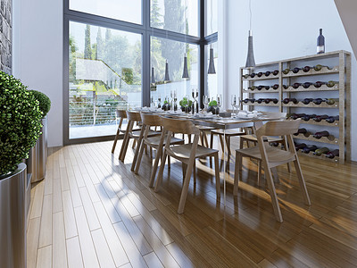 木楼摄影照片_Design of dining room with brown furniture