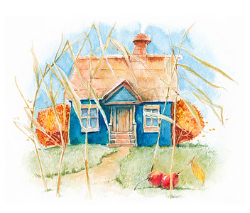 风吹儿童摄影照片_秋天的房子水彩图片问候卡.