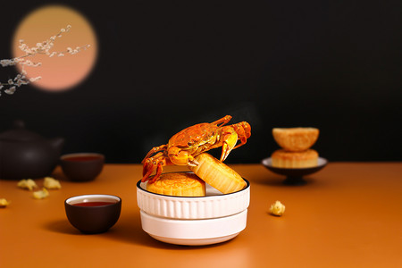 中秋节棚拍月饼大闸蟹传统节日摄影图配图