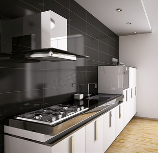 现代化建筑摄影照片_现代化厨房，配有水槽、煤气灶和内部3D发动机罩