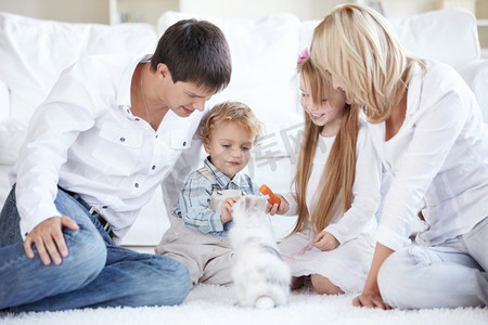 宠物兔子摄影照片_一个幸福的家庭，孩子们在喂宠物