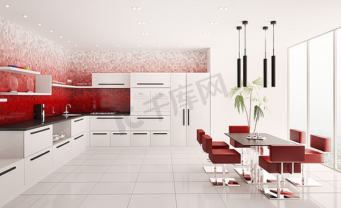 渐变建筑渐变摄影照片_现代白色厨房内部红色渐变马赛克墙壁3D渲染
