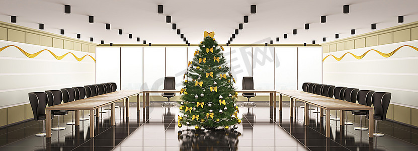 现代会议室内的圣诞冷杉树3D室内全景