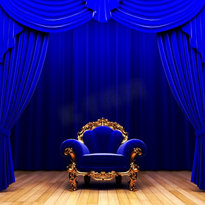 3D制作的蓝色天鹅绒窗帘和椅子