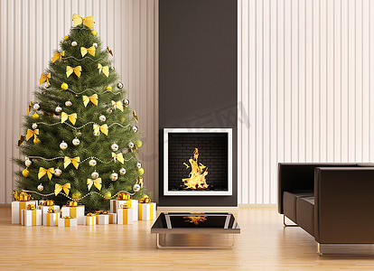 现代客房内配有壁炉的圣诞树3D渲染