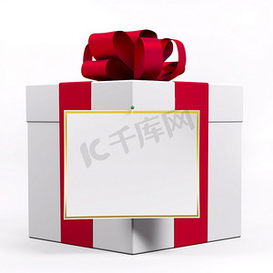 丝带盒摄影照片_白色礼品盒，红色丝带，空白3D纸