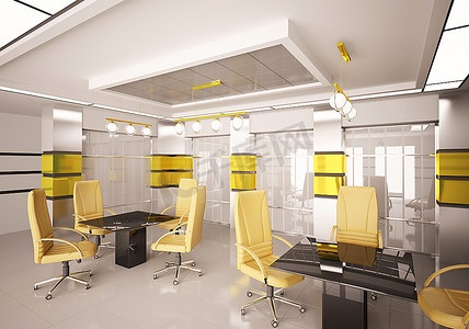 广告黄色摄影照片_带有黄色椅子的现代会议室内部3D