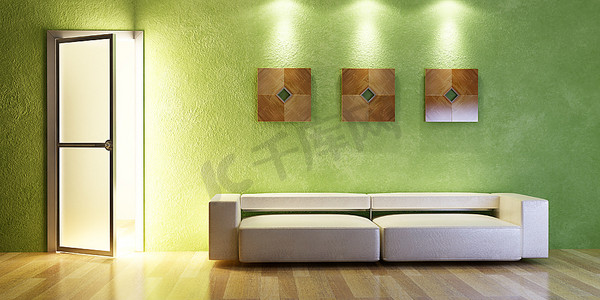 墙边贴着绿色灰泥的现代沙发