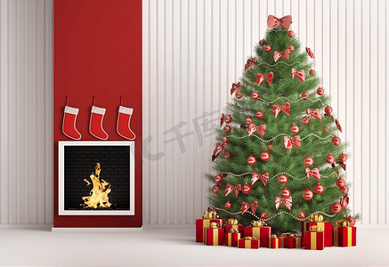 房间内有带壁炉的圣诞树，室内3D渲染