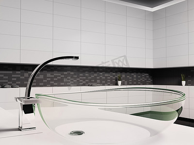 黑白浴室玻璃脸盆3D渲染