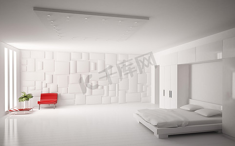 现代白色卧室，红色扶手椅内部3D渲染