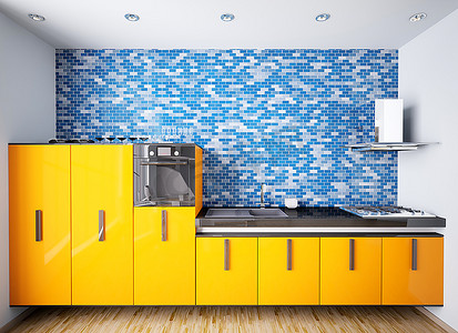 蓝色马赛克墙壁上现代橙色厨房内部3D渲染