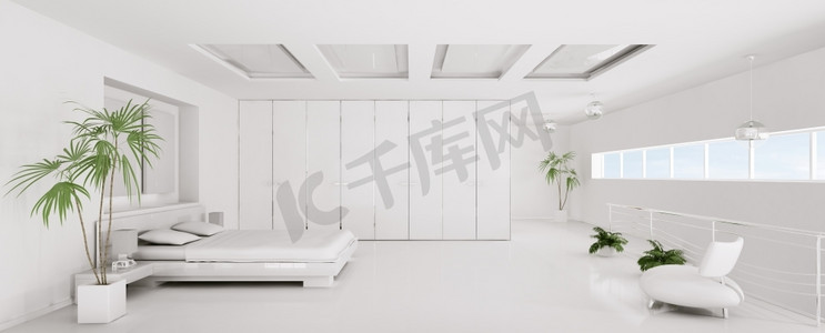 现代白色卧室内部全景3D渲染