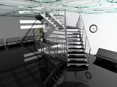 现代化的办公大厅内部与楼梯的景深