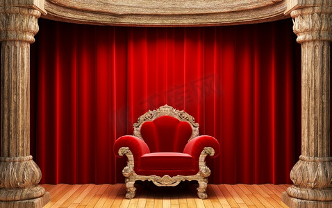 红色天鹅绒窗帘、木柱和3D椅子