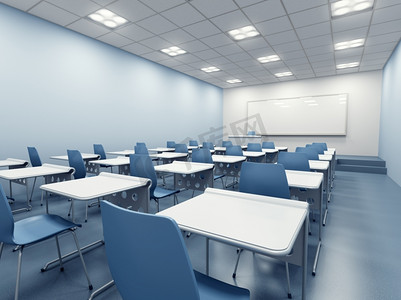 现代的蓝色教室。3D渲染