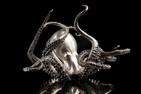 一只银色章鱼，孤立在黑色背景上。