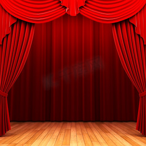 红色窗帘窗帘摄影照片_3D制作的红色天鹅绒窗帘开幕场景