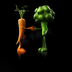 一个食物角色的3D渲染插图-胡萝卜和西兰花