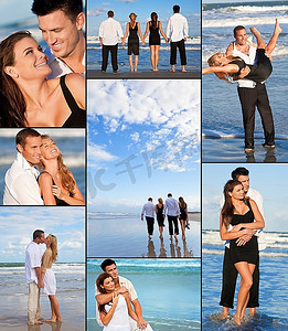 四个年轻人，两对情侣，手牵着手，在夏日的阳光下一起在海滩上尽情玩耍和放松