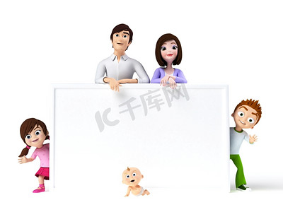 3D渲染的卡通图解一个幸福的家庭