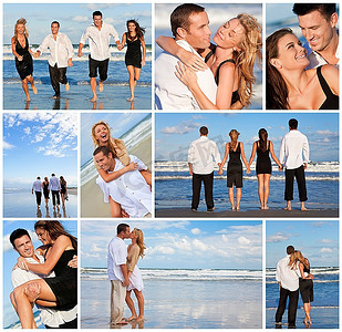四个年轻人，两对夫妇，牵着手，有乐趣和放松在海滩上一起在夏天的阳光在爱