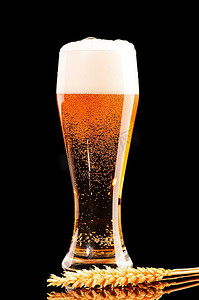 警示反光条摄影照片_一杯新鲜的啤酒，黑色的，有反光的