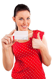 深色商务摄影照片_白色背景下穿着红色连衣裙和商务卡片的幸福年轻女子肖像