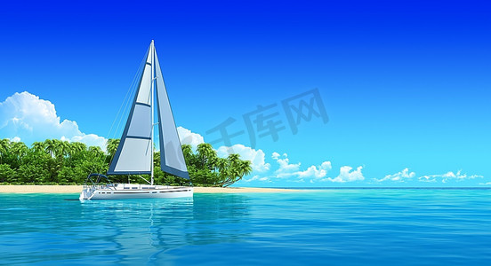 热带岛屿附近的游艇。带文案的旅行背景。海洋全景。