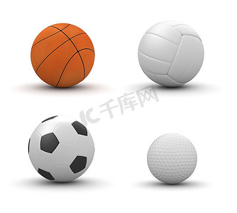 四个隔离的运动球：篮球、排球、足球、高尔夫球(3D白背景物体隔离系列)