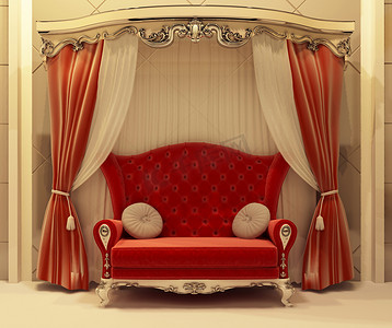红色天鹅绒窗帘和皇家沙发