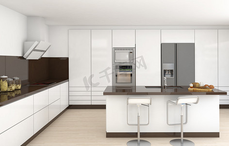 厨房油烟机摄影照片_白色和棕色厨房及室内