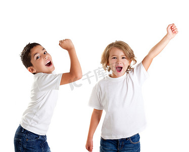 winner摄影照片_Excited children kids happy screaming and winner gesture express