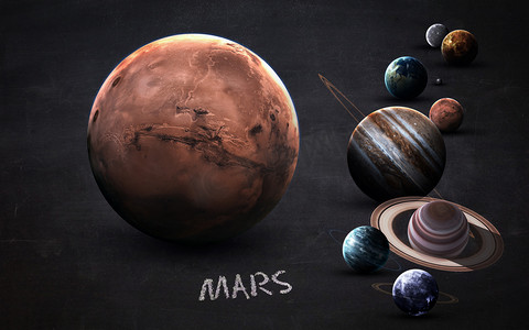 火星-高分辨率的图像提出了太阳系的行星在黑板上。这个由美国国家航空航天局提供的图像元素