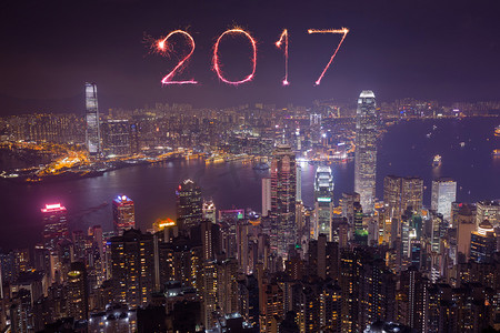 2017 快乐新年烟花汇演庆祝香港城市上空