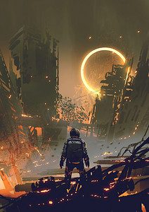 宇航员站在一个被烧毁的城市, 看着一个黄色的发光戒指在黑暗的天空, 风格, 插图绘画