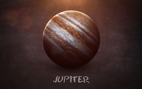 科技星系摄影照片_木星-高分辨率的图像提出了太阳系的行星在黑板上。这个由美国国家航空航天局提供的图像元素