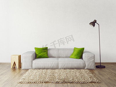 现代客厅有白色的沙发, 绿色的枕头和灯。斯堪的纳维亚室内设计家具。3d 渲染插图
