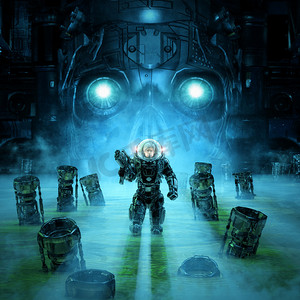 军事科技摄影照片_科幻小说场景中的暴君/ 3D插图的后面是武装军事宇航员以机器人骷髅为背景探索水空间的场景