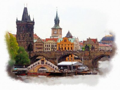世界文化遗产图片摄影照片_在水彩风格的布拉格