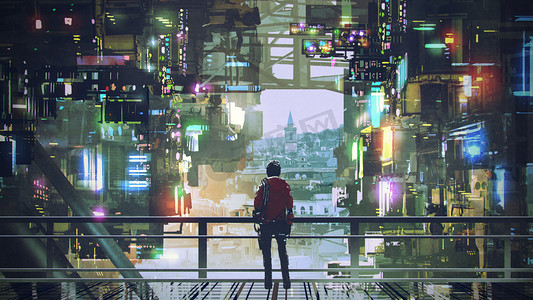 站在阳台上的男子看着未来的城市与多彩的光, 风格, 插图画
