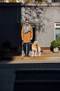 盲人，带着导盲犬和手杖在街上过马路