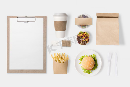 标志样机摄影照片_设计概念样机汉堡包、 沙拉、 咖啡杯、 法式炸薯条