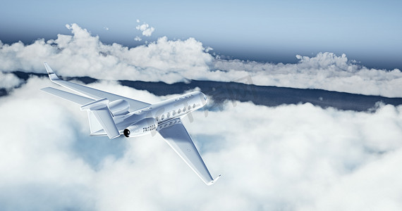 真实飞机摄影照片_白色豪华通用设计私人飞机在地球上飞行的真实画面。空旷的蓝天，背景是白云。商务旅行概念。水平。3d 渲染